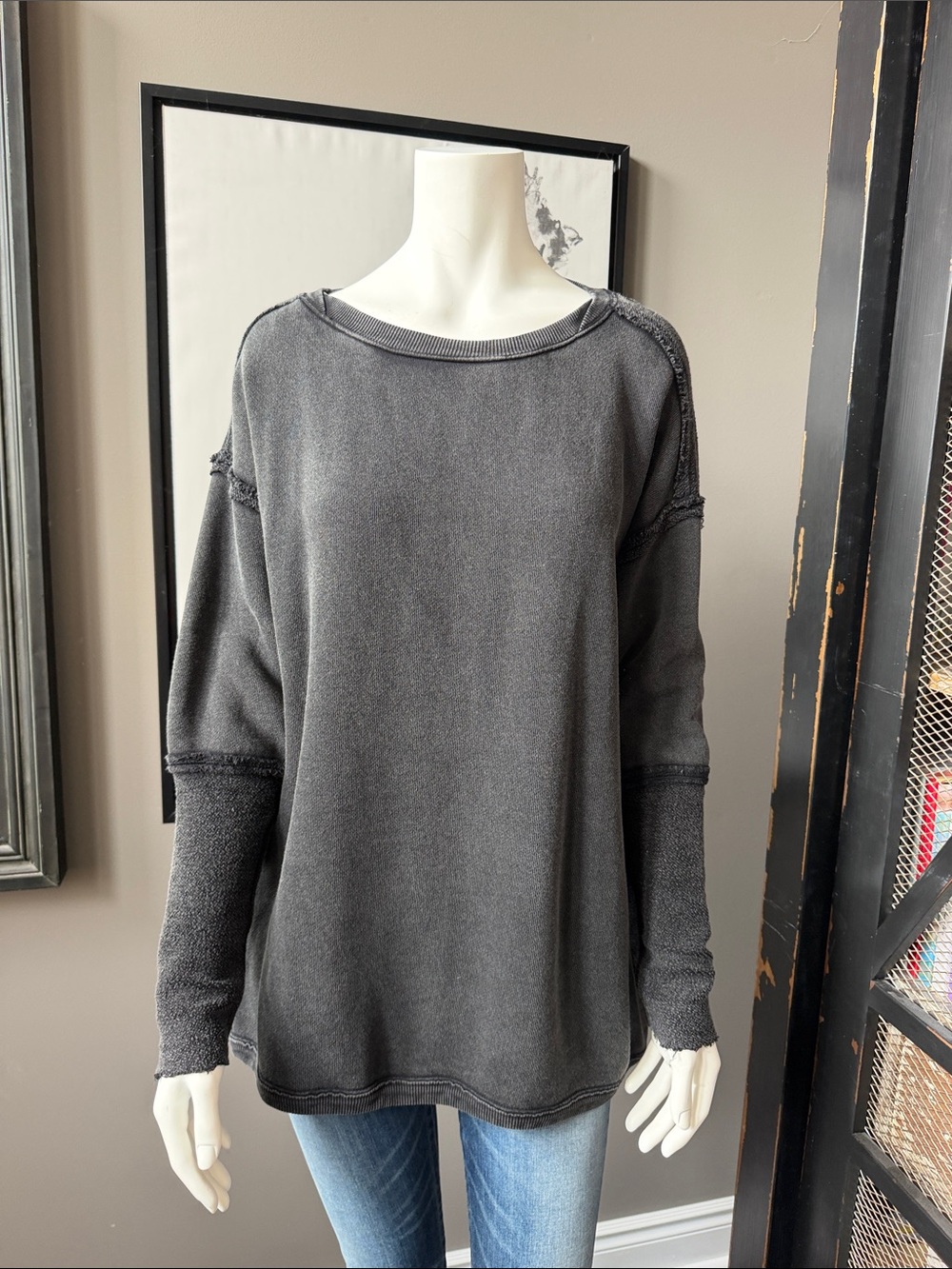 Free People Washed Charcoal/ Black Oversized Crew Neck Sweater with open back